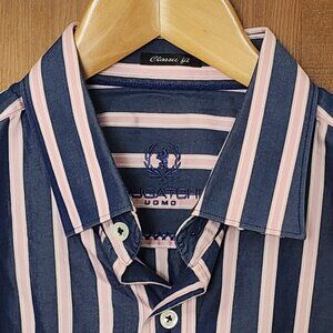 BUGATCHI UOMO Blue and Pink Cotton Stripe L/S Large